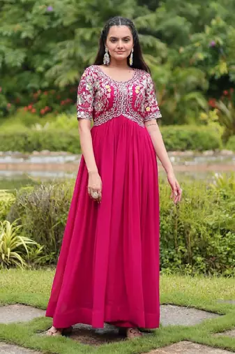 Pink Art Silk Embroidered Stitched Gown