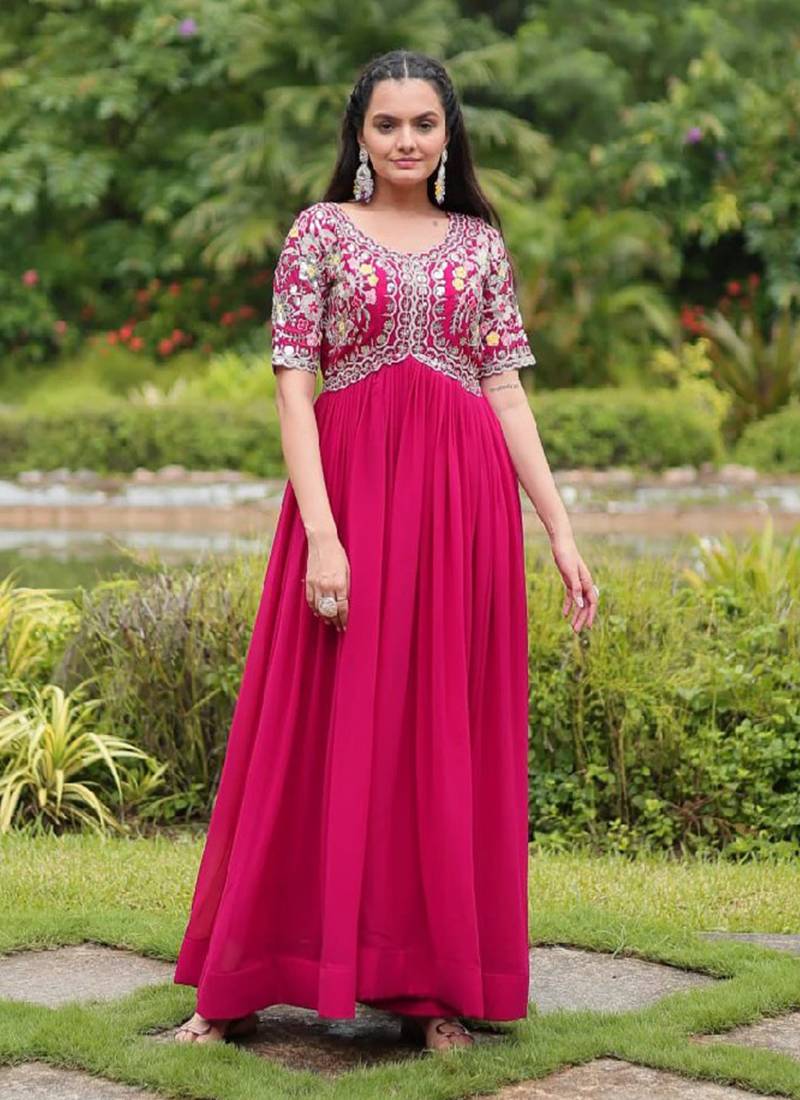 Pink Art Silk Embroidered Stitched Gown