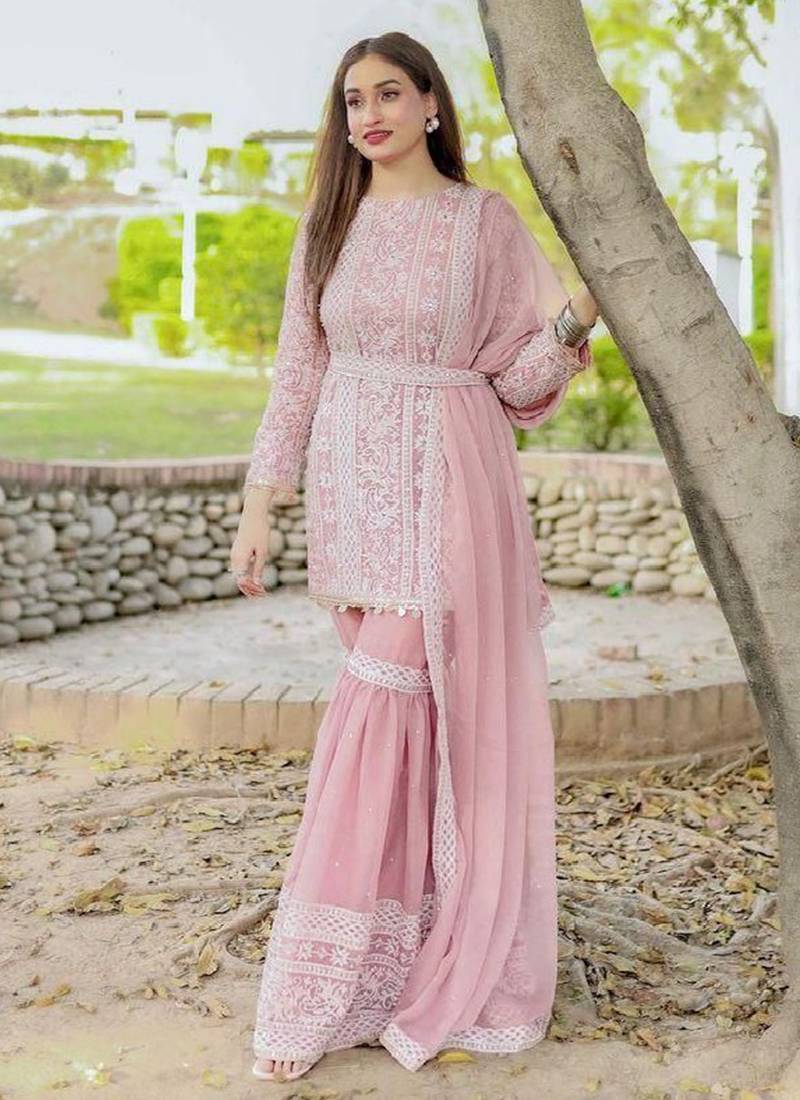 Pink faux georgette embroidered kurta wih pant & duppata