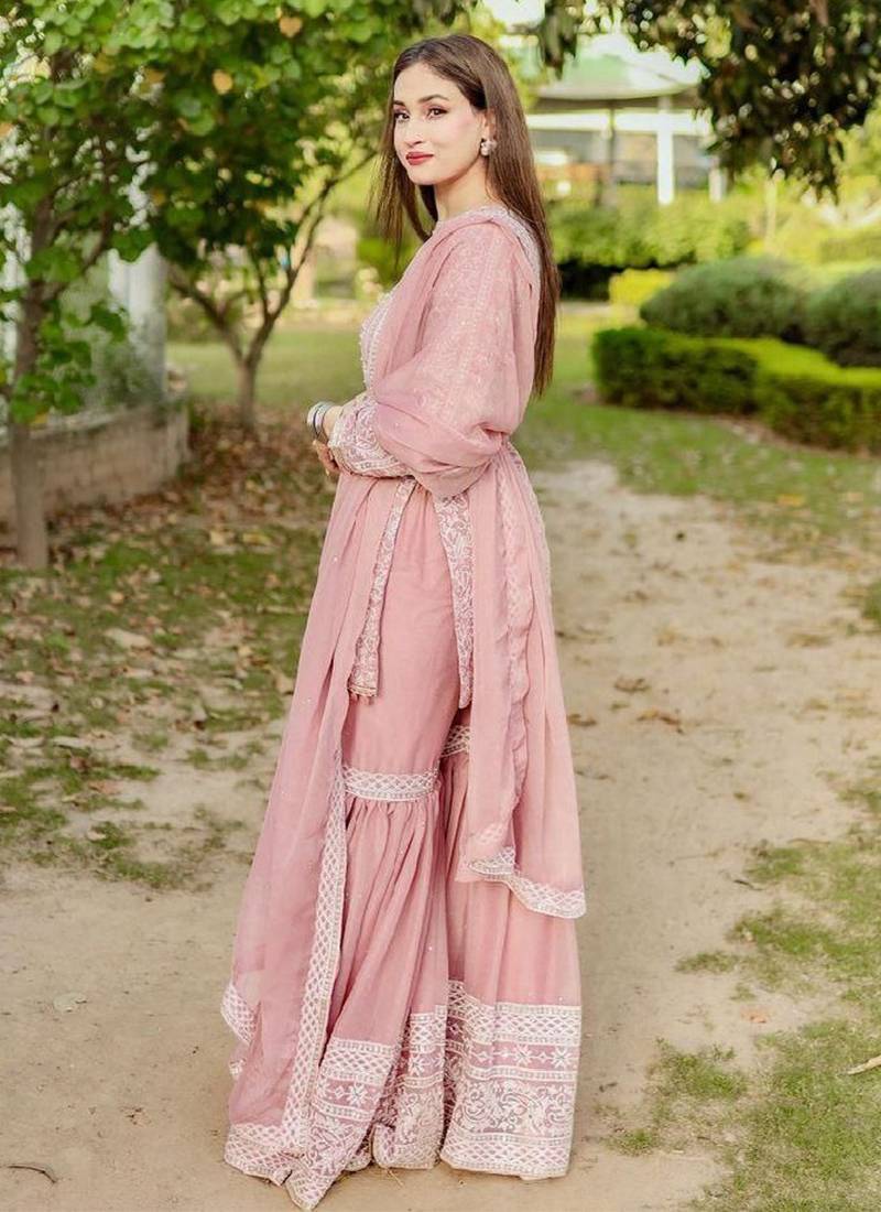 Pink faux georgette embroidered kurta wih pant & duppata