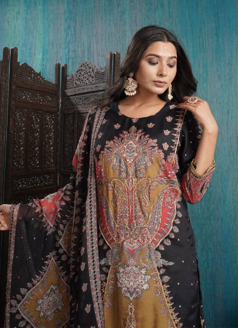 Black cotton embroidered kurta with pant & dupatta