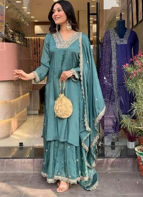 Blue art silk embroidered kurta wih pant & duppata 1