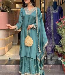 Women Dark Blue Viscose Satin Embroidered Kurti With Pant And Duppata Set