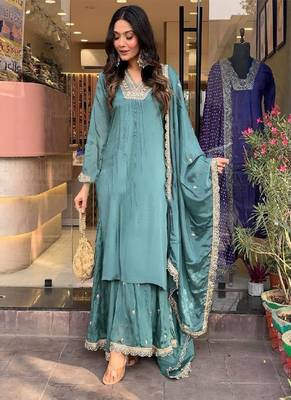 Blue art silk embroidered kurta wih pant & duppata 2