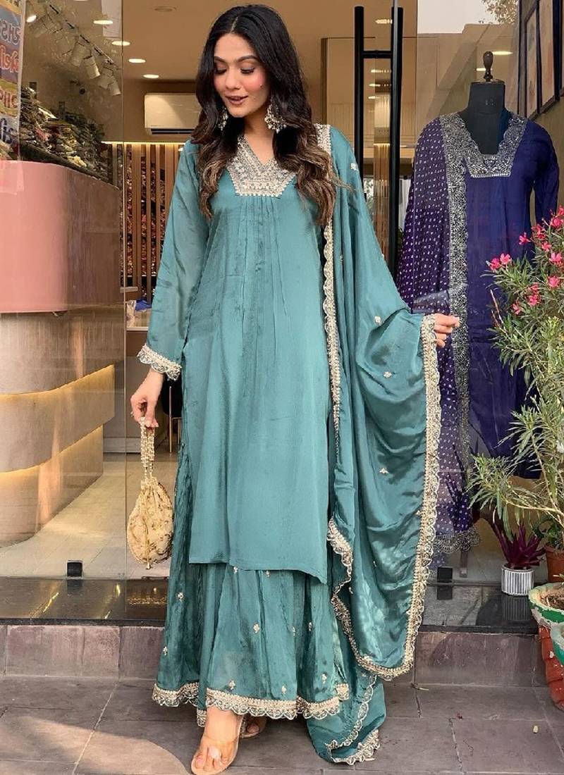 Blue art silk embroidered kurta wih pant & duppata