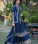 Blue faux georgette embroidered kurta wih pant & duppata