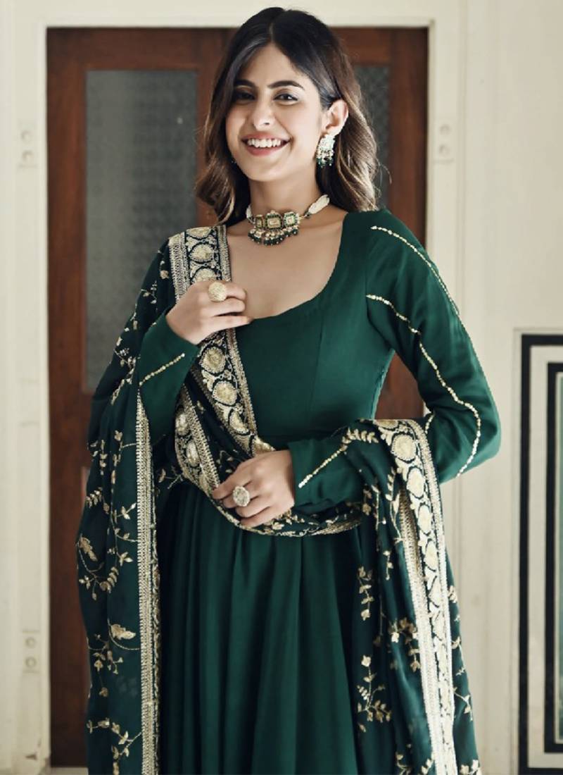 Green faux georgette embroidered kurta with pant & dupatta