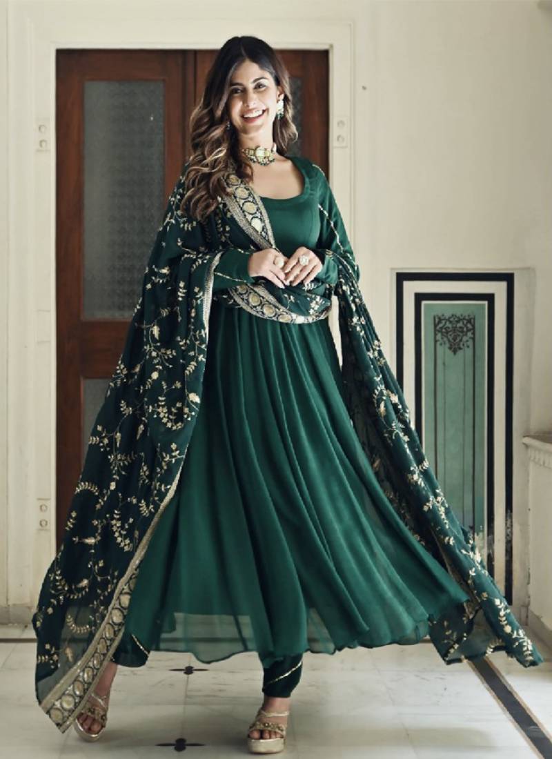 Green faux georgette embroidered kurta with pant & dupatta