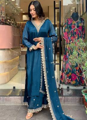 Blue satin sequins kurta with pant & dupatta 1