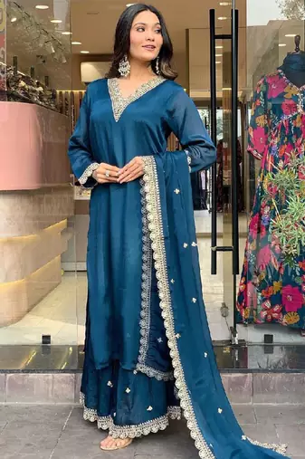 Blue satin sequins kurta with pant & dupatta