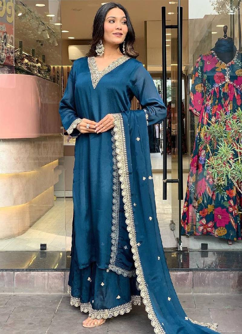 Blue satin sequins kurta with pant & dupatta