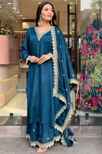 Blue satin sequins kurta with pant & dupatta