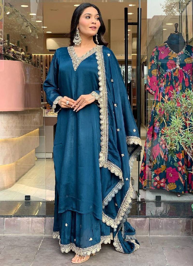 Blue satin sequins kurta with pant & dupatta