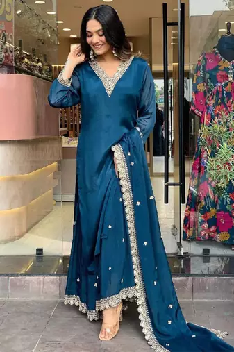 Blue satin sequins kurta with pant & dupatta