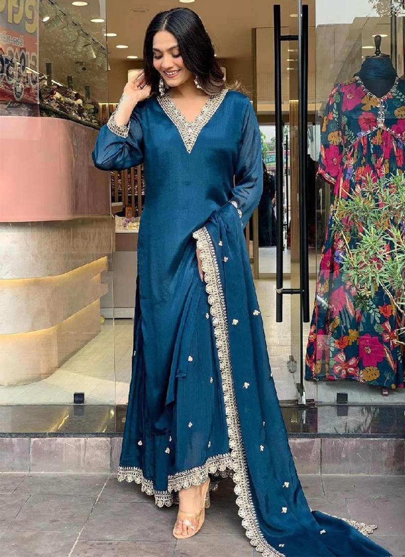 Blue satin sequins kurta with pant & dupatta