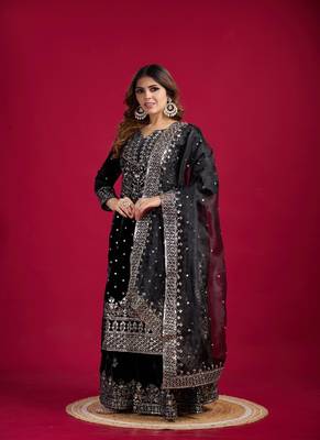 Obsidian Black Viscose Embroidered Kurta Pant Dupatta Set 3