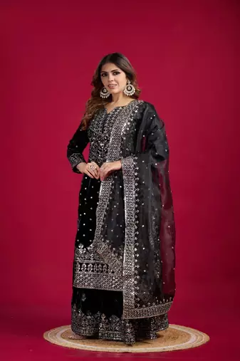 Obsidian Black Viscose Embroidered Kurta Pant Dupatta Set