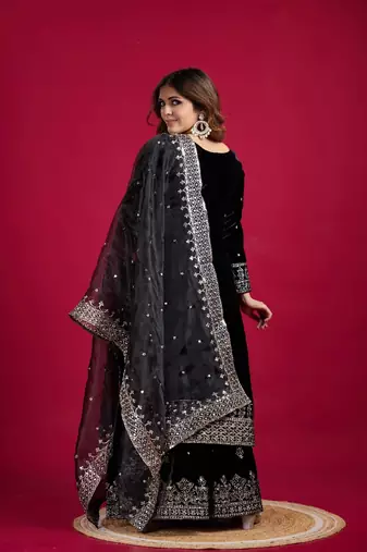Obsidian Black Viscose Embroidered Kurta Pant Dupatta Set