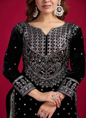 Obsidian Black Viscose Embroidered Kurta Pant Dupatta Set 5