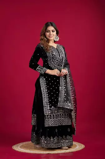 Obsidian Black Viscose Embroidered Kurta Pant Dupatta Set