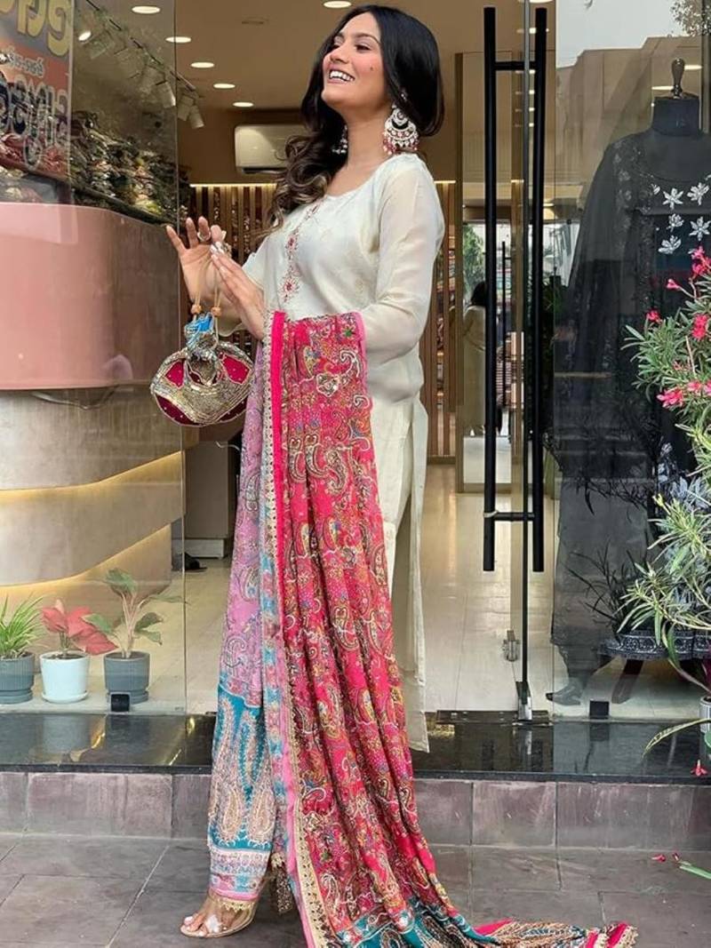 Cream cotton embroidered kurta with pant & dupatta