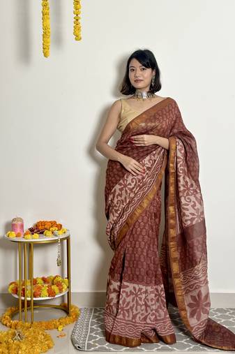 Phool - Handblock Printed - Maheshwari Silk Saree - Without blouse