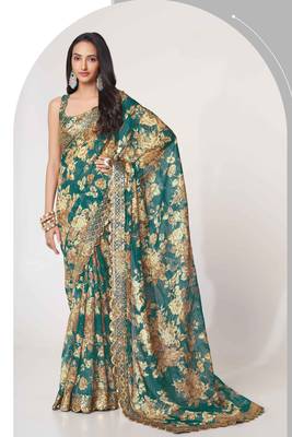 Teal blue embroidery organza saree with blouse 1