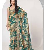Teal blue embroidery organza saree with blouse