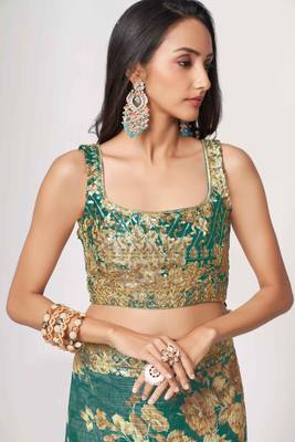 Teal blue embroidery organza saree with blouse 2