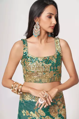 Teal blue embroidery organza saree with blouse