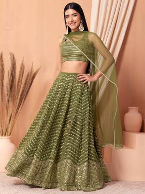 green georgette sequins work lehenga set choli with dupatta for women 1