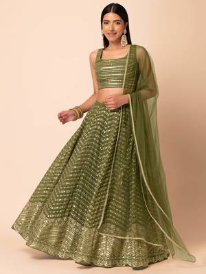 green georgette sequins work lehenga set choli with dupatta for women 3