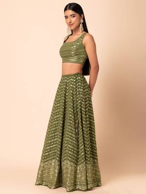green georgette sequins work lehenga set choli with dupatta for women 4