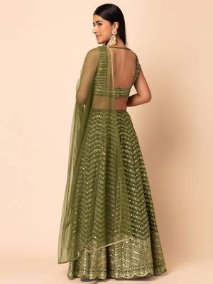 green georgette sequins work lehenga set choli with dupatta for women 5