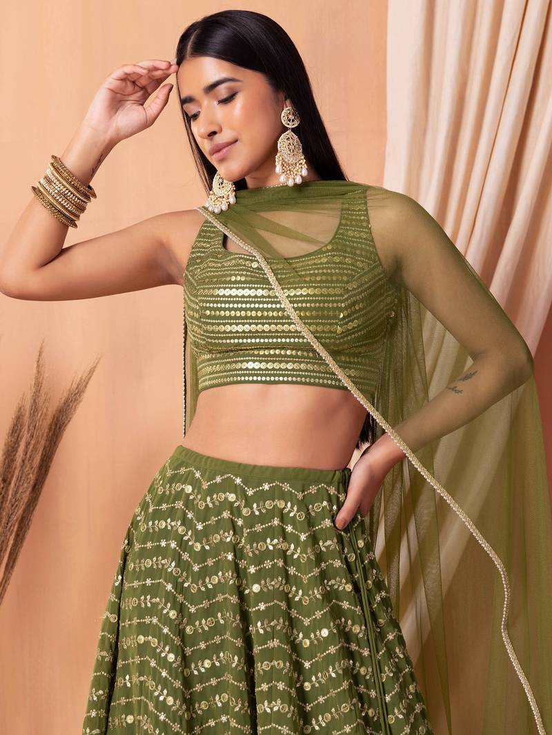 Green Georgette Sequins Work Lehenga Choli for Women