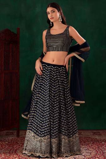 blue sequins zari georgette lehenga set choli with dupatta