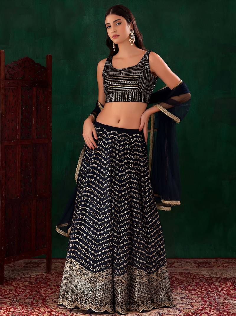 blue sequins zari georgette lehenga set choli with dupatta