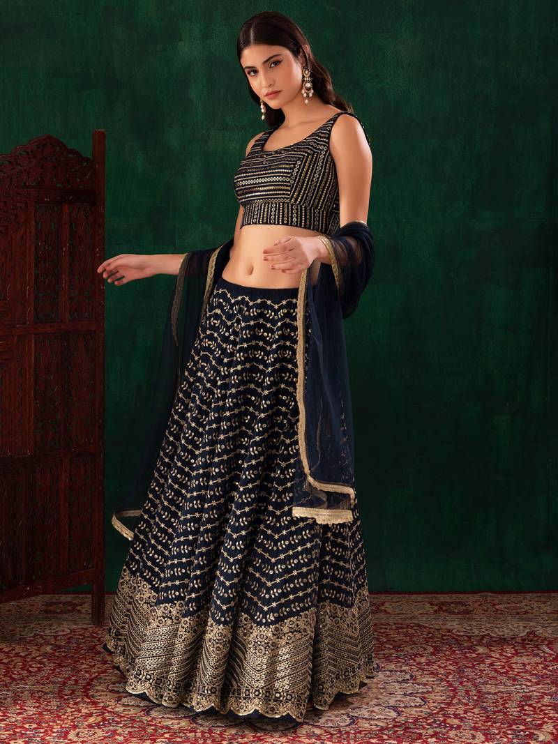  Blue Sequins Zari Georgette Wedding Wear Lehenga Choli