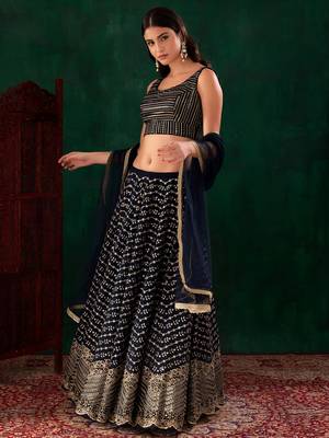 blue sequins zari georgette lehenga set choli with dupatta 3