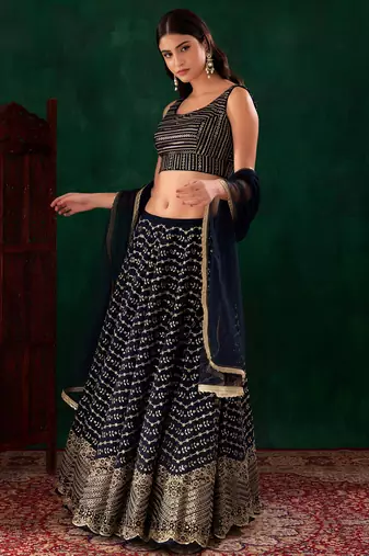 blue sequins zari georgette lehenga set choli with dupatta