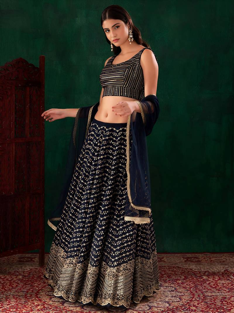 blue sequins zari georgette lehenga set choli with dupatta