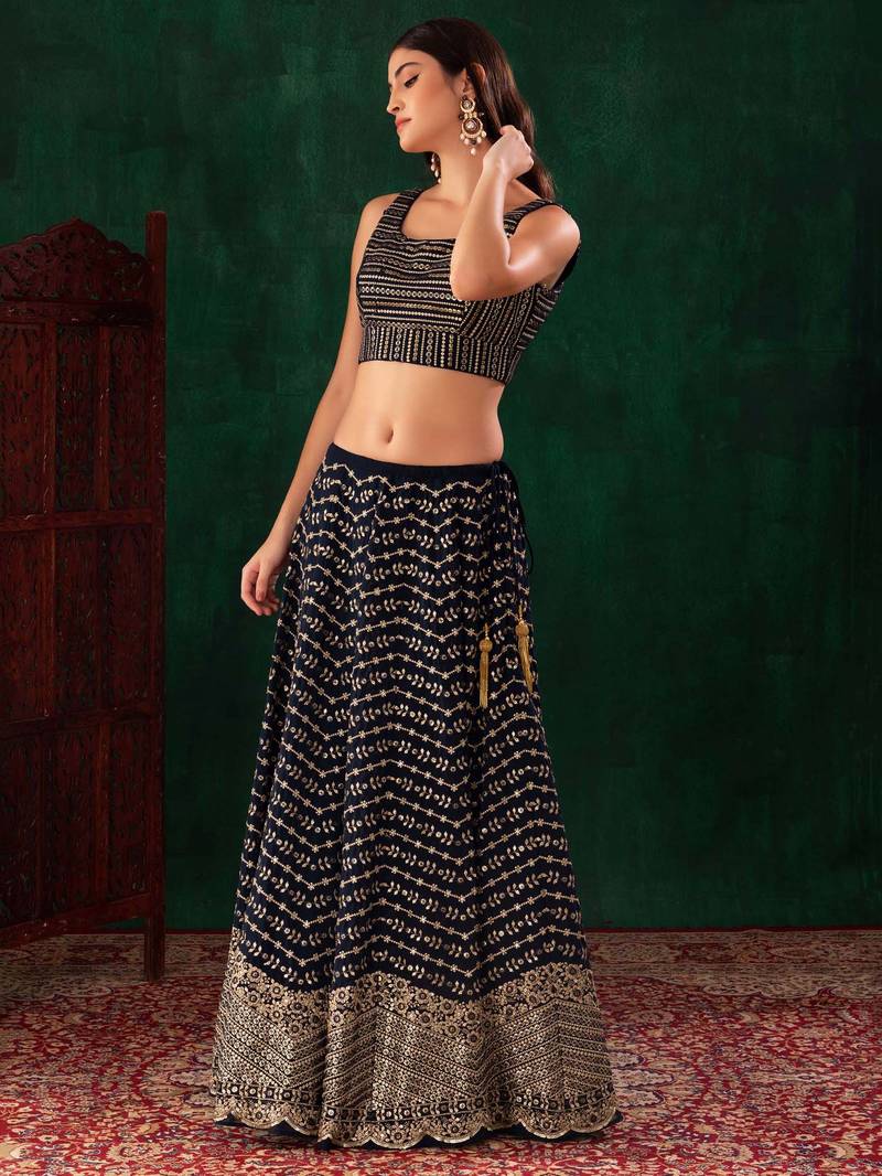  Blue Sequins Zari Georgette Wedding Wear Lehenga Choli