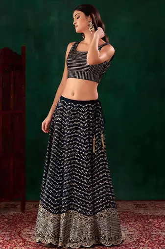 blue sequins zari georgette lehenga set choli with dupatta