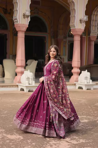 Royal Wine Silk Gown with Dupatta