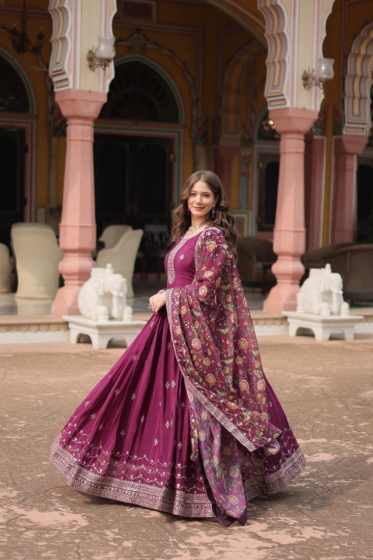 Royal Wine Silk Gown with Dupatta