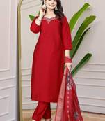 Dark Red Colour Premium Roman Silk Hand Work A-Line kurta set