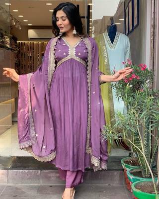 Purple cotton embroidered kurta with pant & duppata 1