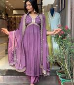 Purple cotton embroidered kurta with pant & duppata