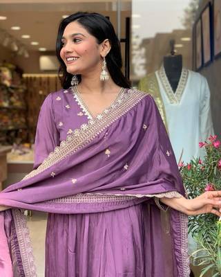 Purple cotton embroidered kurta with pant & duppata 3