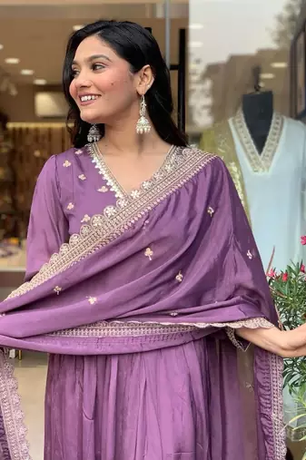 Purple cotton embroidered kurta with pant & duppata